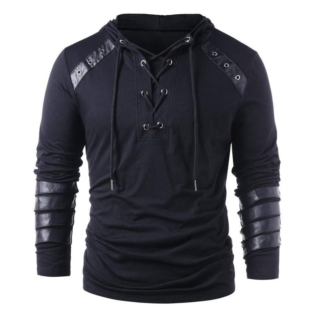 Fall And Winter Hooded Men's Leather Casual Personality Fashion Hoodie Patchwork Top Men Hooded Strap