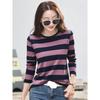 Women'S Summer Purple Striped Cotton T-Shirt O-Neck Long Sleeve Loose Fit Casual Fashion Top Anti-Pilling Feature Digital