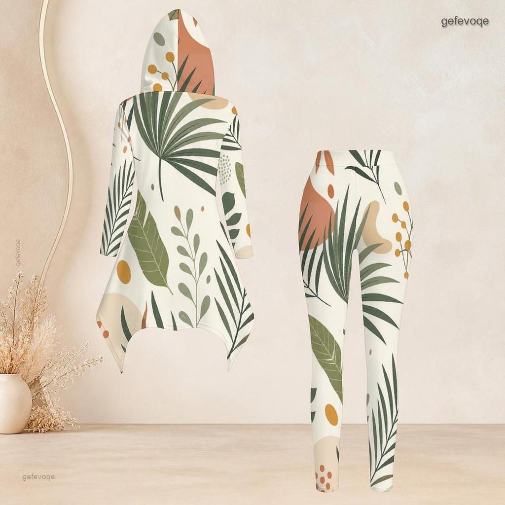 Women Plus Size Hooded Long Sleeve High Low Top Printed Fitted Pants Two Piece Set