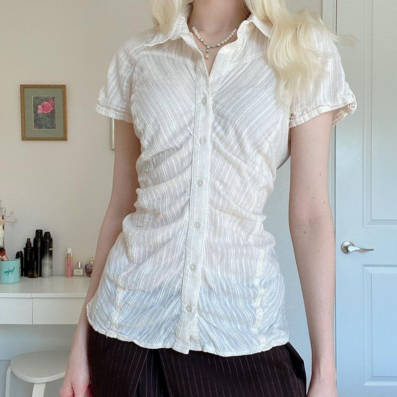 

C961Tp European and American Cross-Border French-Style Polo Collar Pleated Design Slim-Fit Short-Sleeve Textured White Shirt White C961Tp S