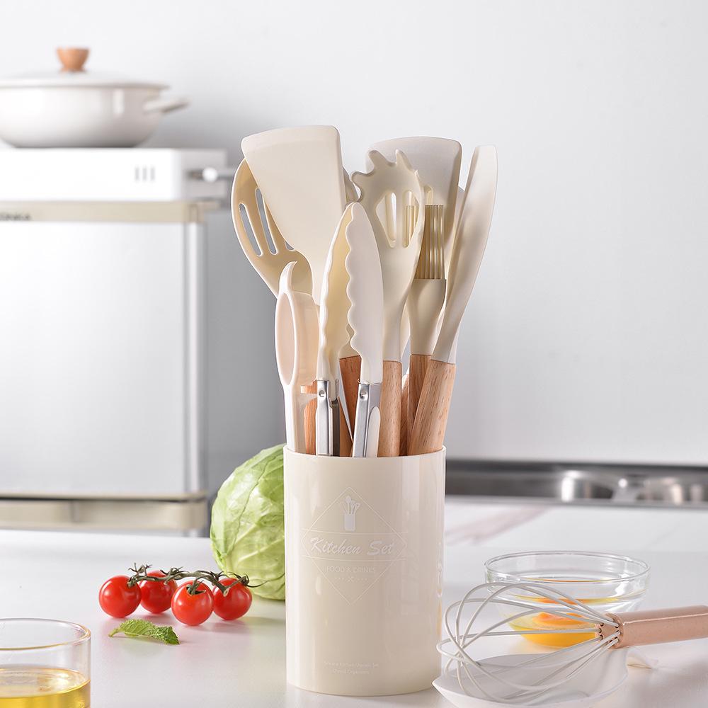 12-Piece Silicone Kitchenware Set with Wooden Handles: Non-Stick Cooking Spatulas and Tools