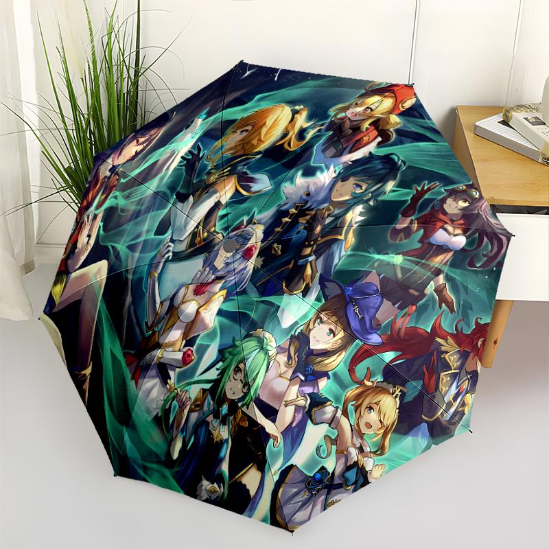Genshin Impact characters Print Automatic Umbrella, 8 Rib Iron Frame, Plastic Handle, Suitable for Outdoor Travel &Daily , Ideal Gift