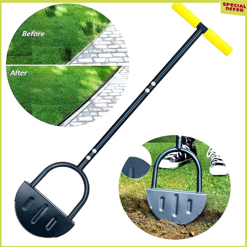 A34R Saw-Tooth Edger Lawn Tool, Half Moon Lawn Edger With T-Grip, Sidewalk Grass Long Handled Step Edger, 38Inch Black Yellow Du