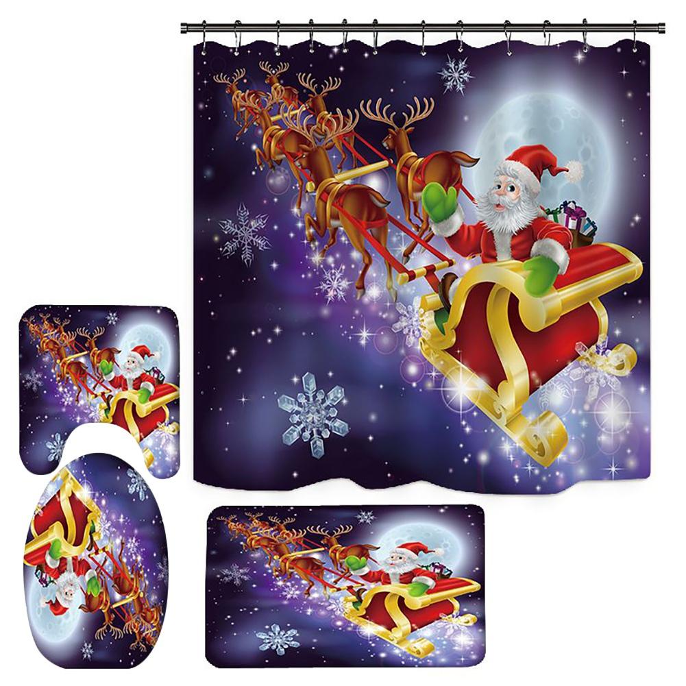 

С Рождеством Ванная Комната 4 Шт. Набор Снеговик Санта-Клаус Узор Водонепроницаемая Занавеска Для Душа Коврик Для Унитаза Нескользящий Коврик Домашний Декор 4Pcs