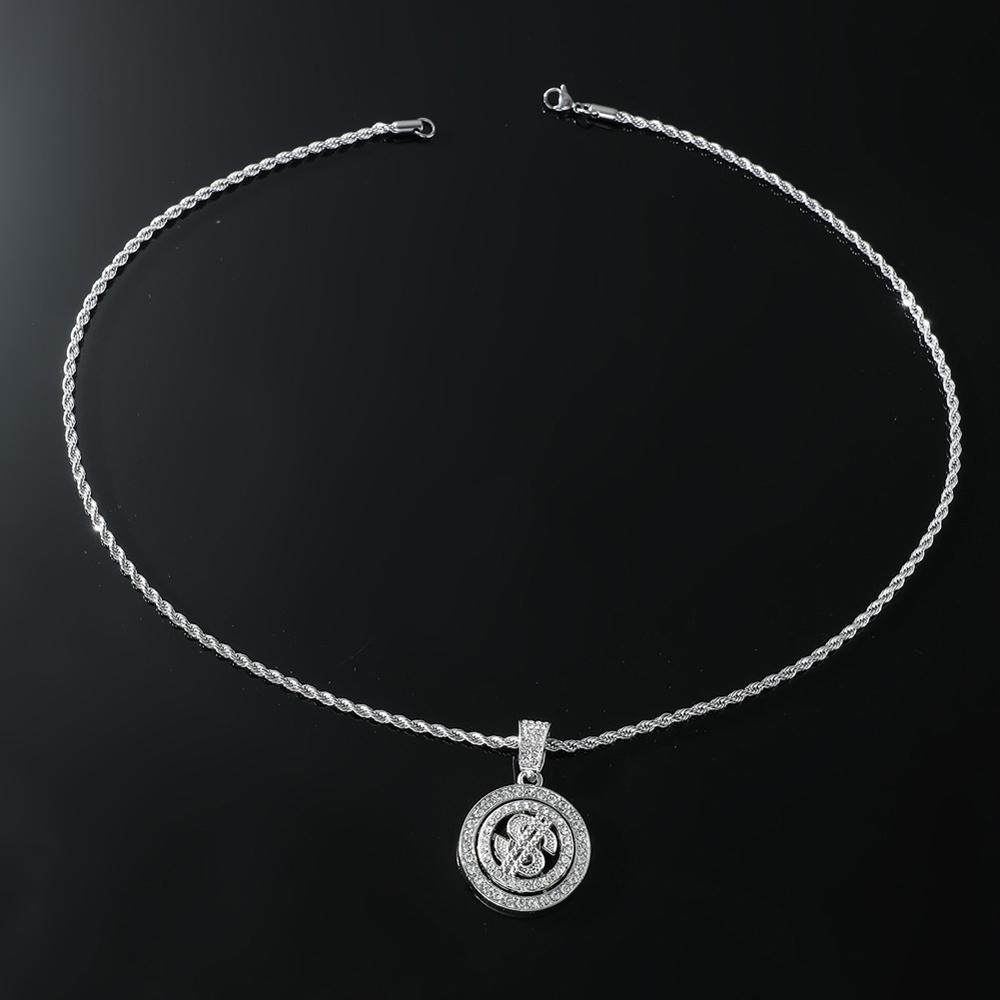 Hip Hop New Bling Rhinestone Dollar Pendants Necklace Rotatable US Dollar Money Sign Necklaces Men Hiphop Rap Rock Jewelry Gift