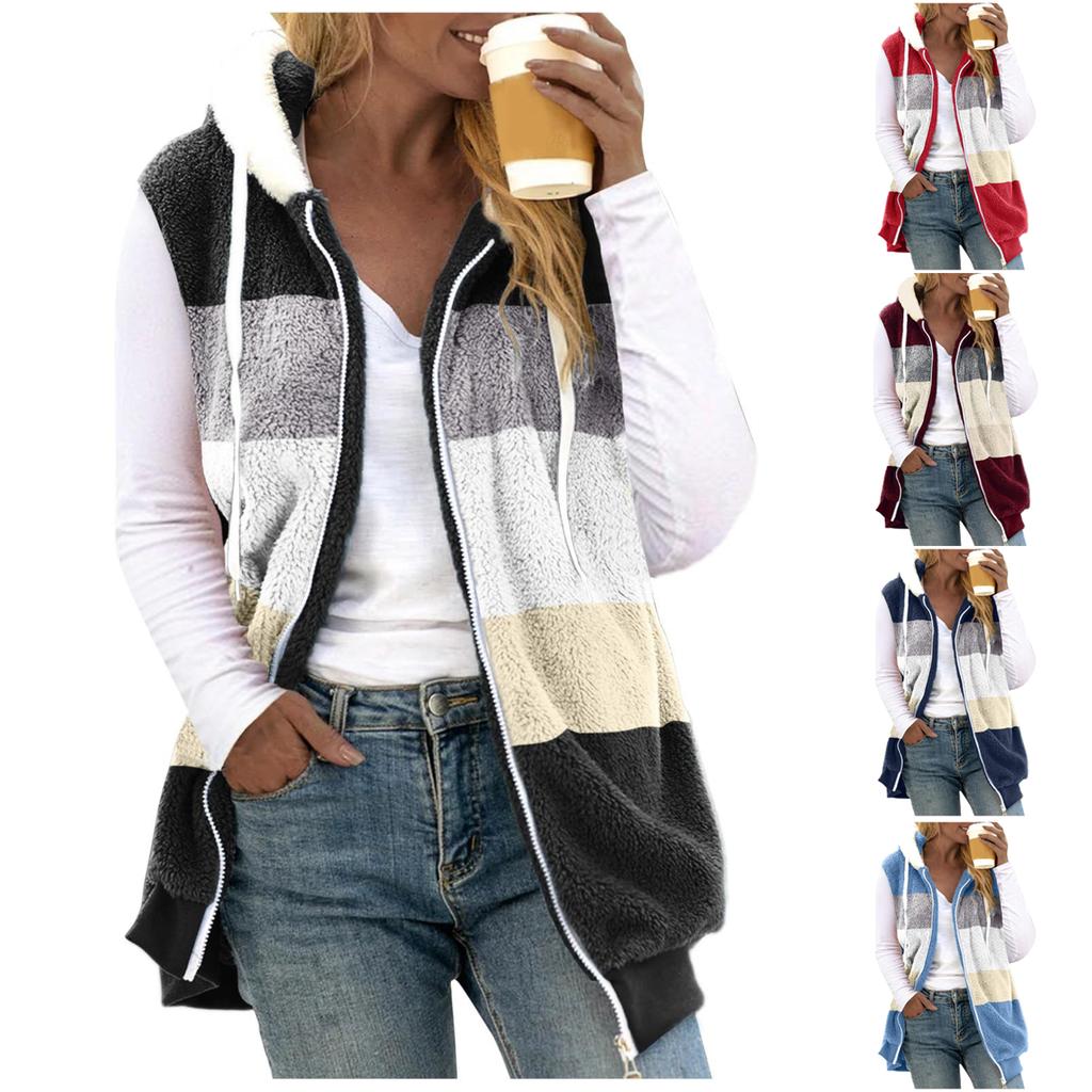 Dámská módní plyšová vesta s kapucí, bez rukávů, volného střihu, teplá, s kapsou na zip