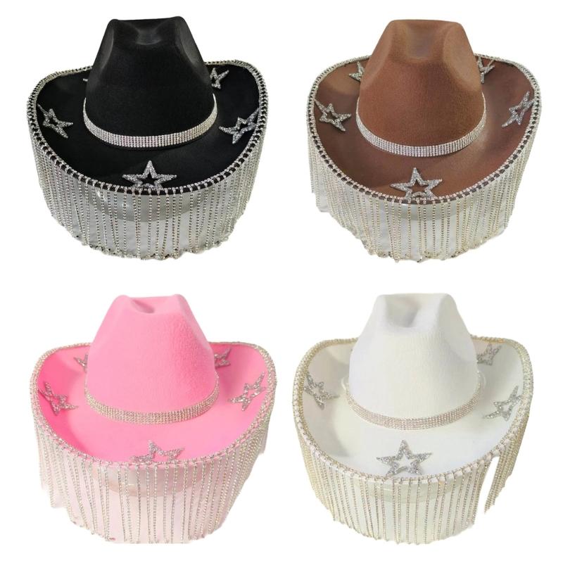 Fringed Rhinestones Cowboy Hat for Adult Women Bridal Shower Cowgirl Hat Masquerades Party Costume Hat Elegant Headpiece