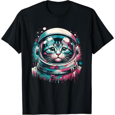 Astronaut Cat Graphic Tee Space Explorer Kitten Print Crewneck T-Shirt for Men