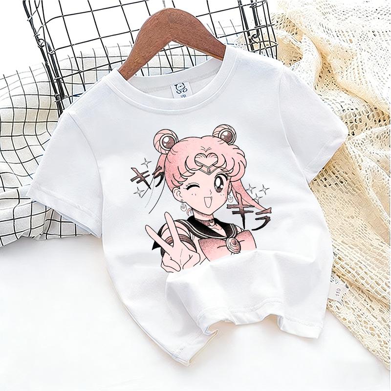 SailorsMoon Anime Girl's T-shirt Cotton Clothes Cute Cartoon Printed Toddler Sweatshirt Casual Short Sleeve Kids Game Trend Tops