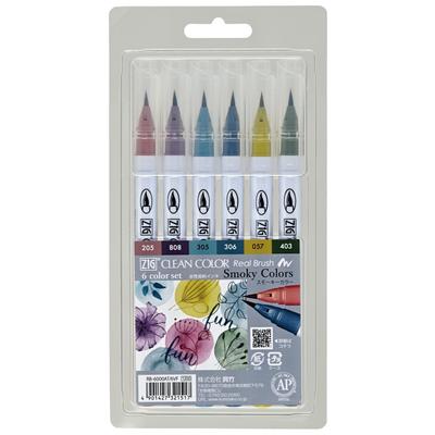 Kuretake Color Brush Pens ZIG Clean Color Real Brush Set - 6 Smoky Colors RB-6000AT/6VF