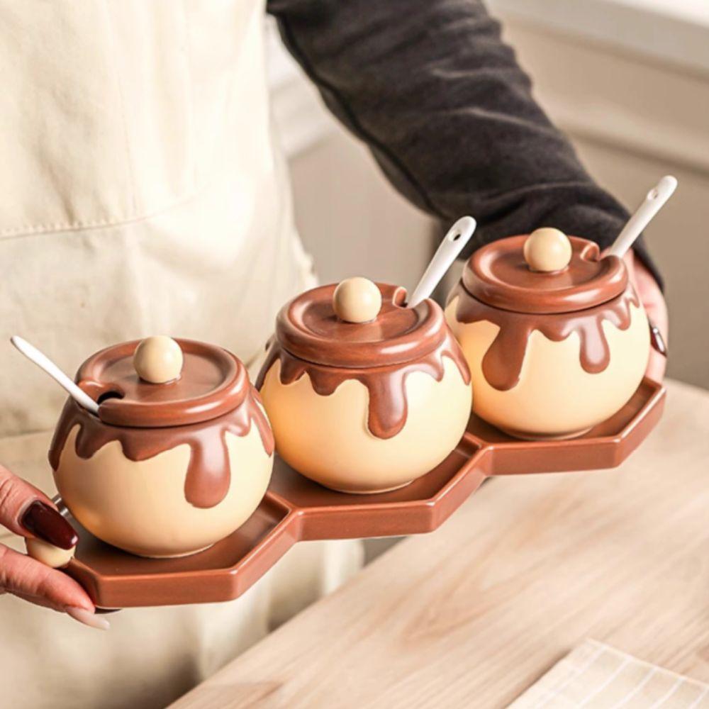 Cartoon Honey Jar Design Spice Jars with Spoon Condiment Pot Creative Ceramic Seasoning Jar  Salt