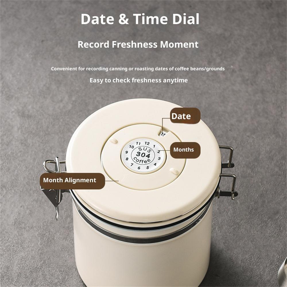 Kaffeburk i 304 rostfritt stål 1,2L Livsmedelsförvaringsbehållare med datumspårare, Skopa för kaffe, Bönor