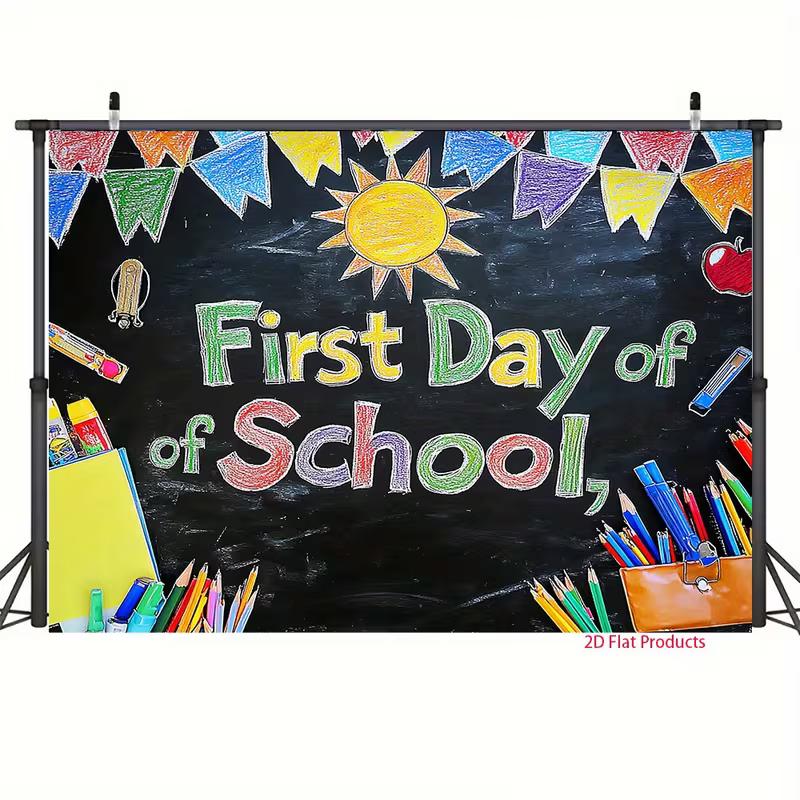 First Day of School 2D Backdrop, Blackboard Chalk Art Photography Background for School Party Decor