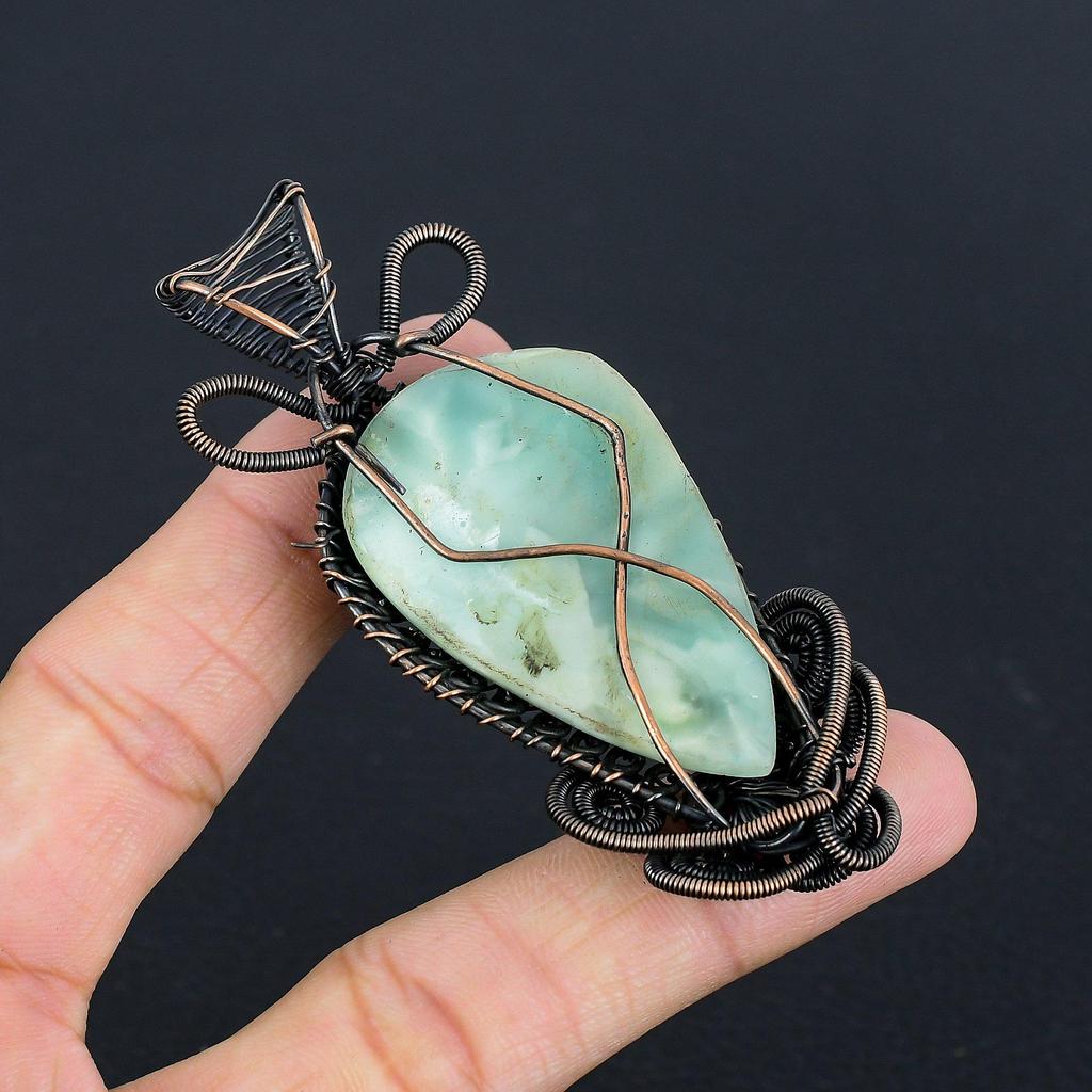 Hemimorphite Pendant, 999 Copper Wire Wrapped Gemstone Jewelry, Handmade Pendant, For Thanksgiving