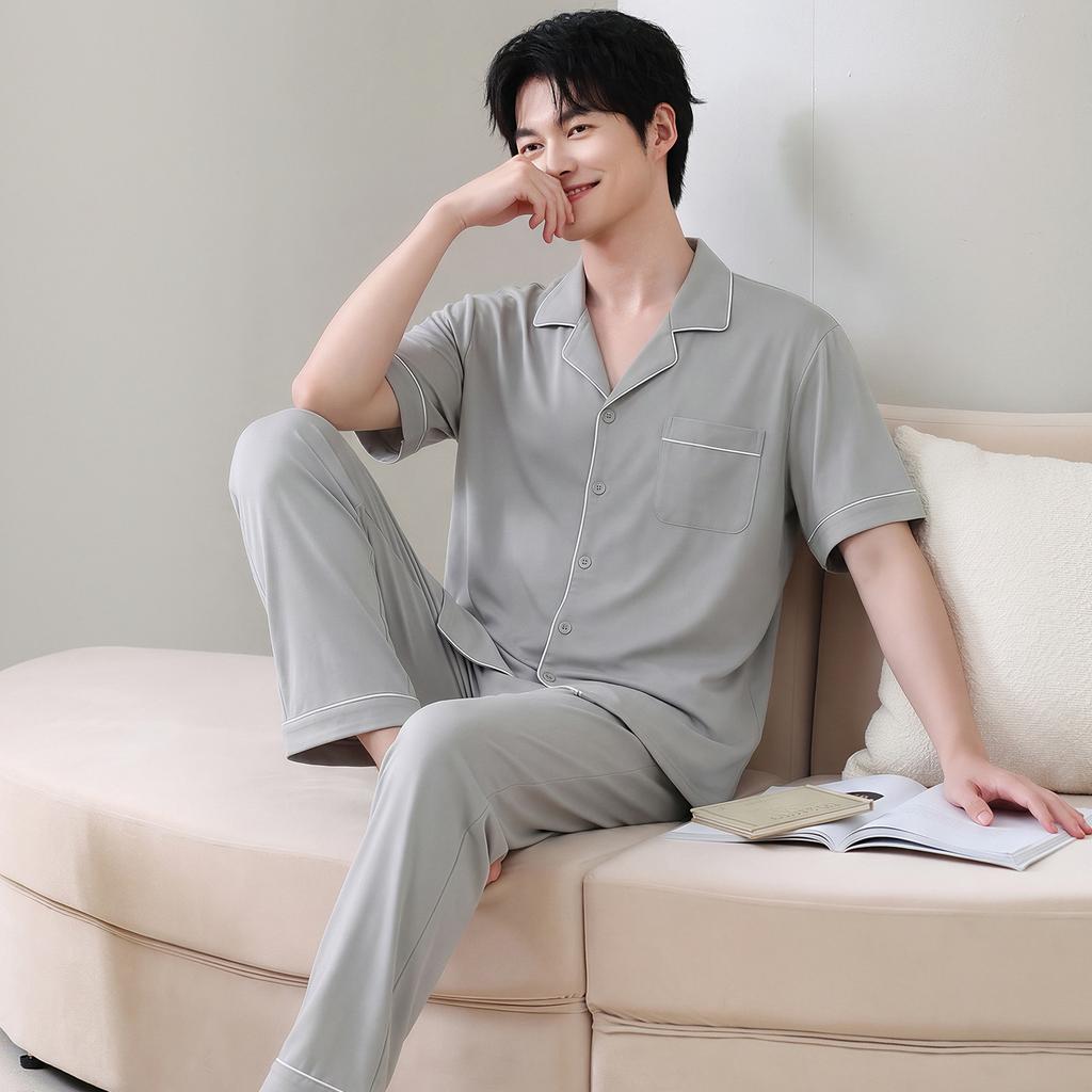 Pajamas Men's Summer Cotton Short Sleeve Trousers Thin Summer Men's Large Size Summer Cardigan Loungewear Set