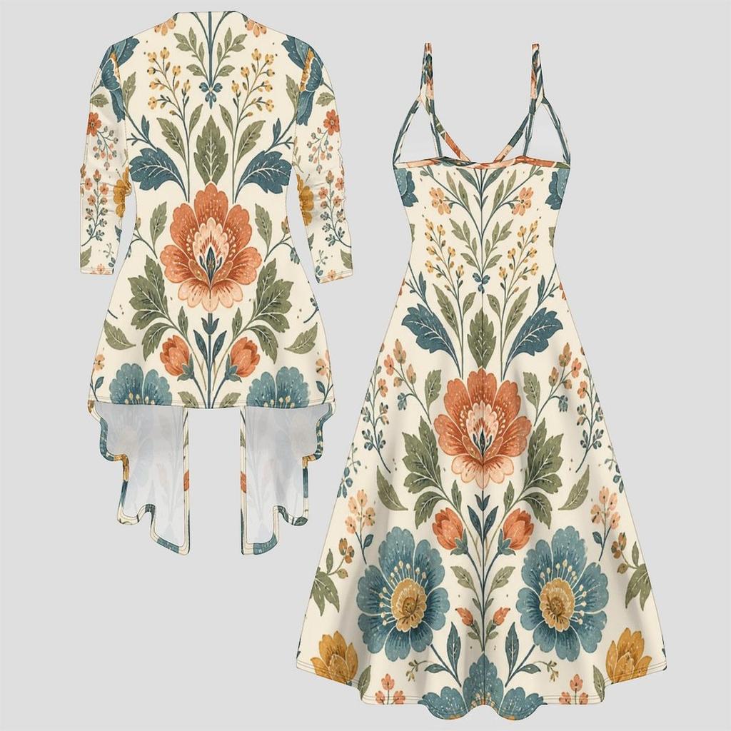 Women Plus Size Two Piece Set Long Sleeve Open Coat Cami Maxi Dress