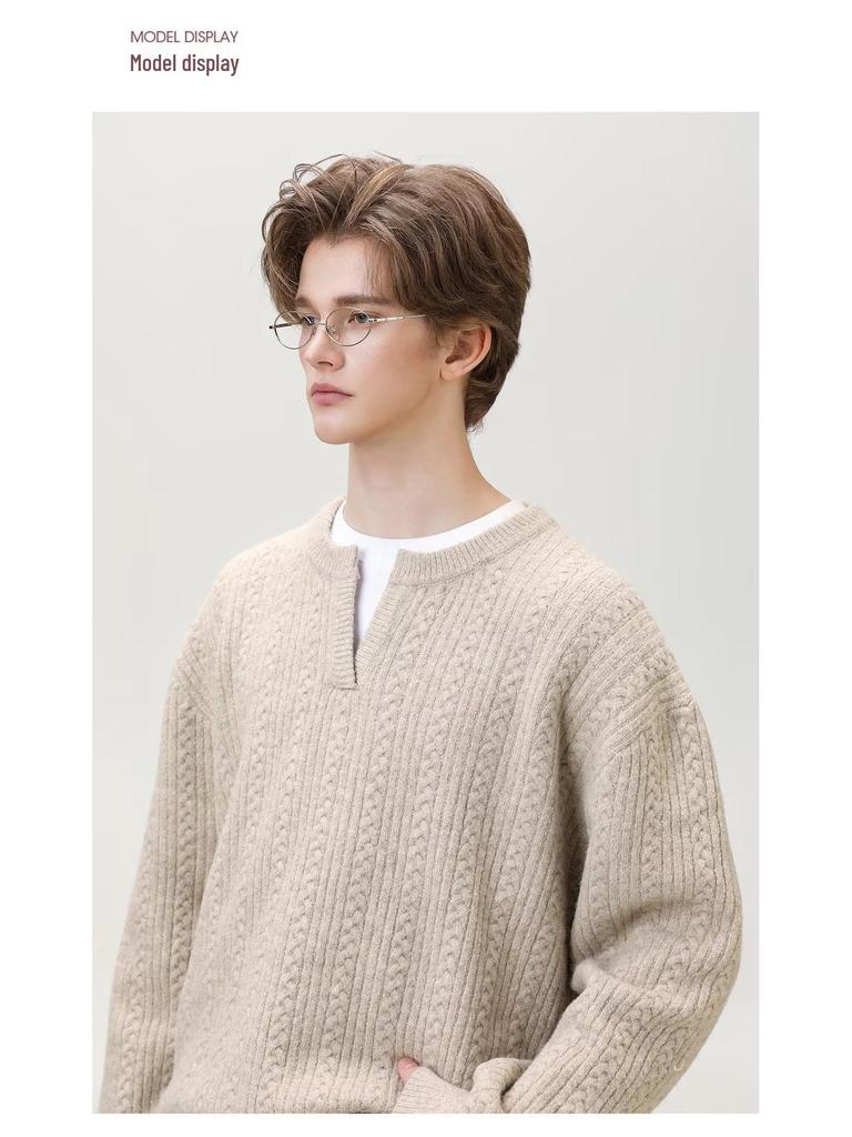 LR 24AW Cozy V-Neck Textured Jacquard Wool Sweater