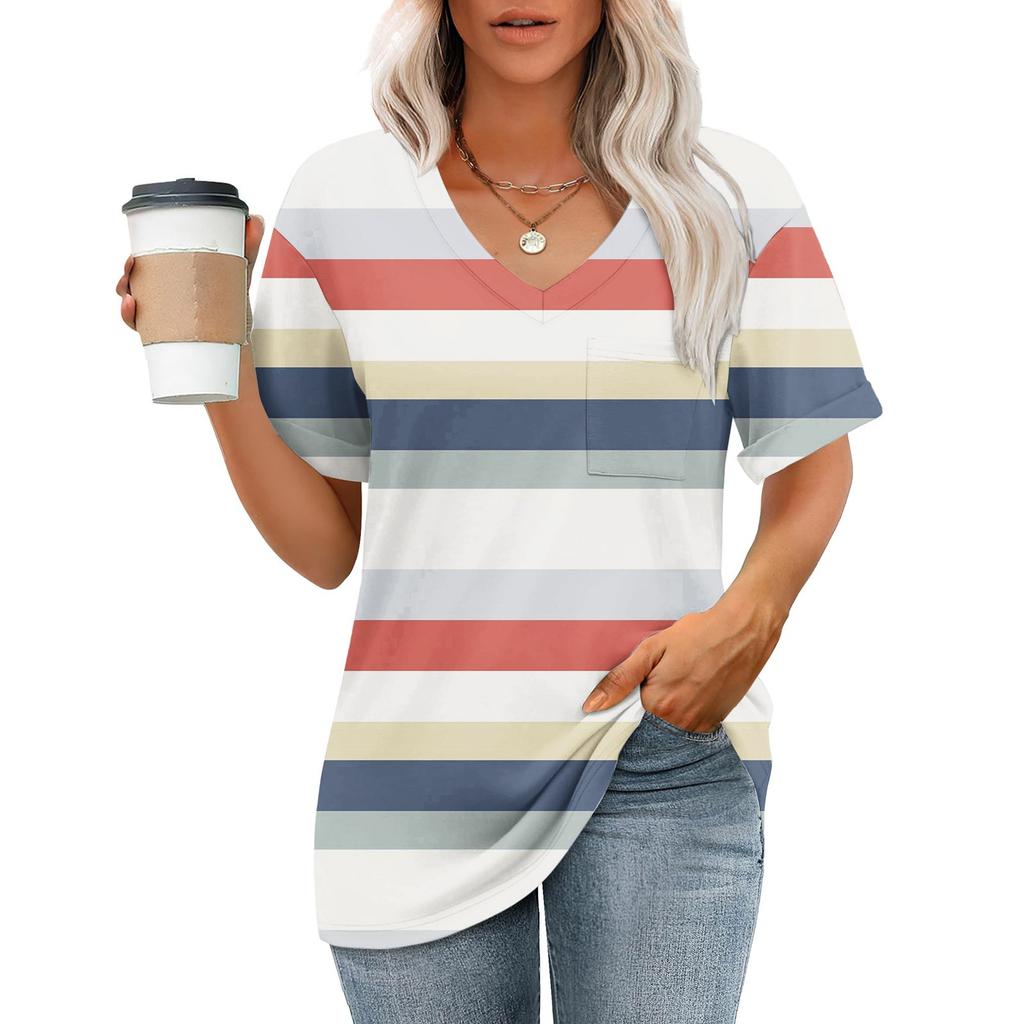 Fashion Top Pocket V-Neck Short Sleeve Striped Print T-Shirt Top