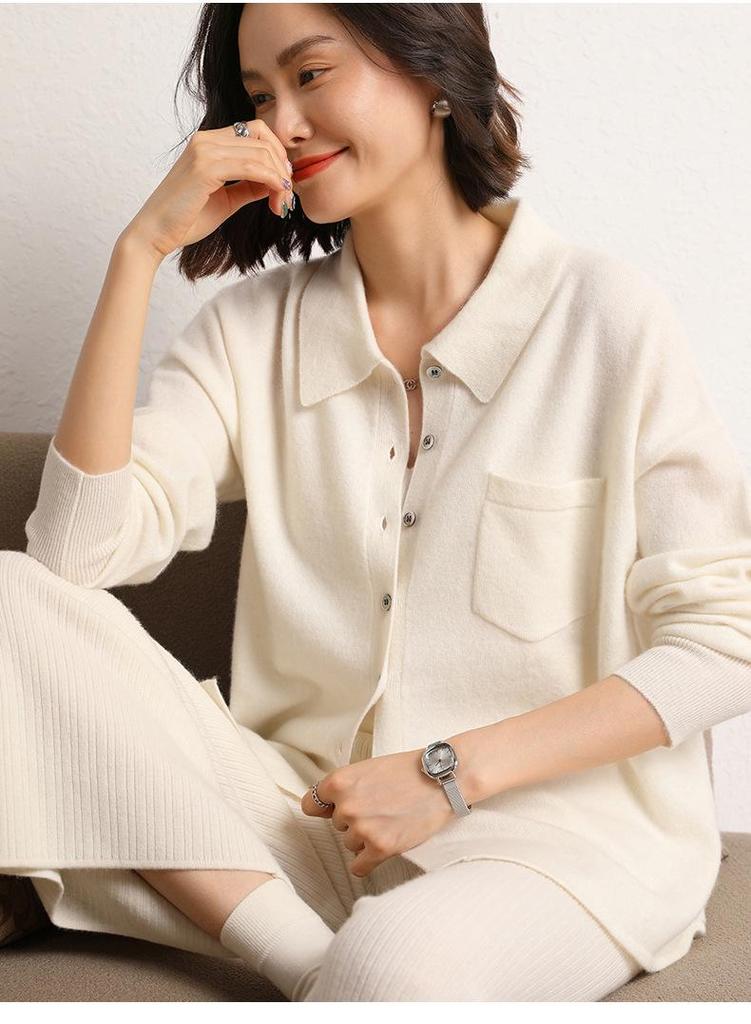 Women's Versatile Cashmere Knit Sweater: 2023 Autumn/Winter Polo Collar, Loose Fit, Solid Color