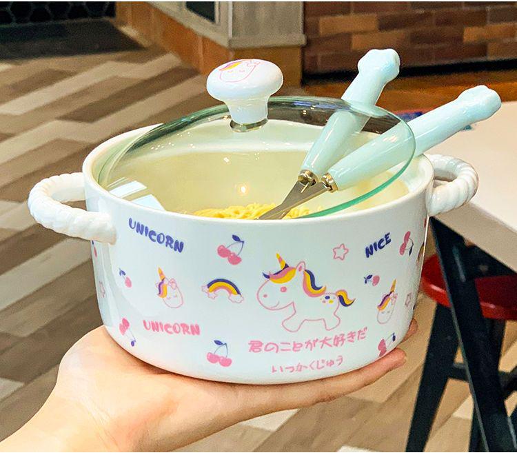 Korean Style Cute Heart Ceramic Noodle Bowl with Lid for Dorm or Bedroom Microwave Use