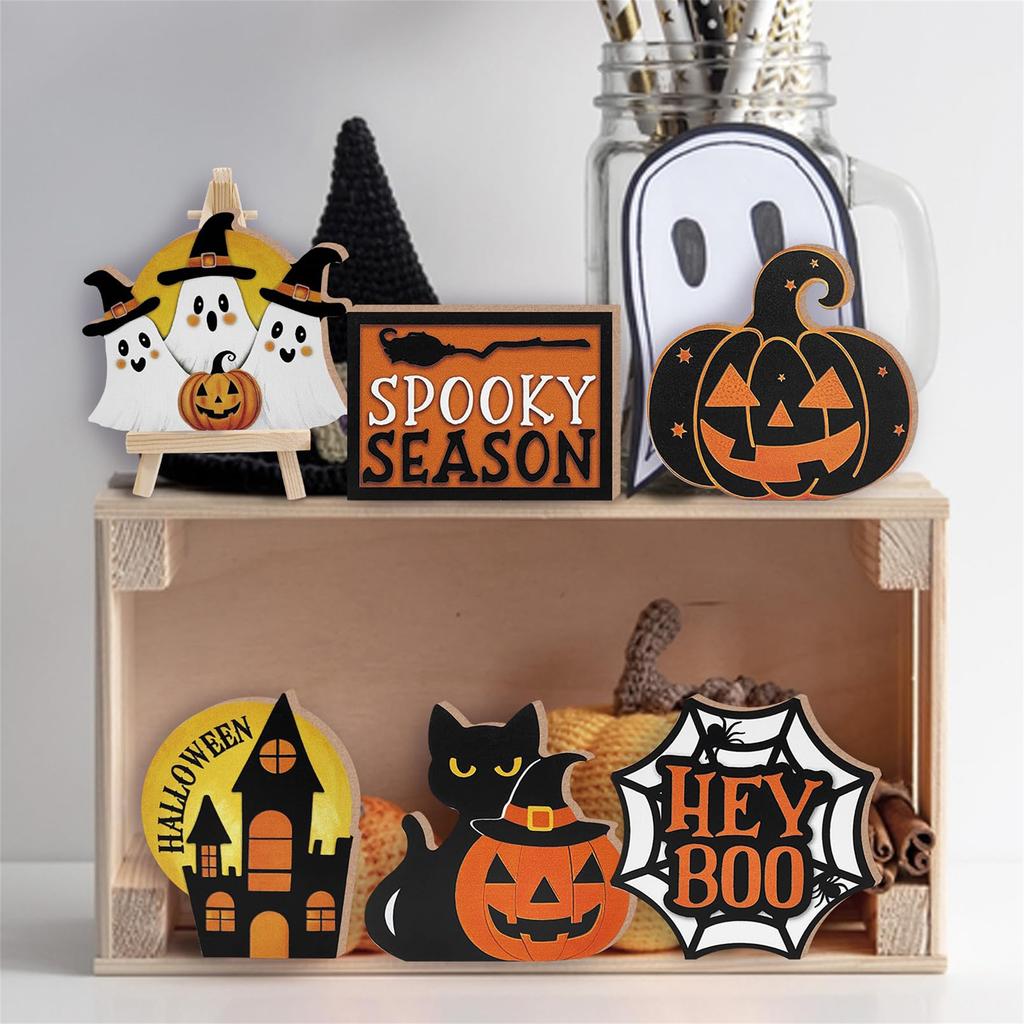 Halloween Spooky Tiered Tray Decor Set with Witch Skeleton Bat and Spider Wooden Signs for Table Centerpiece Shelf Display