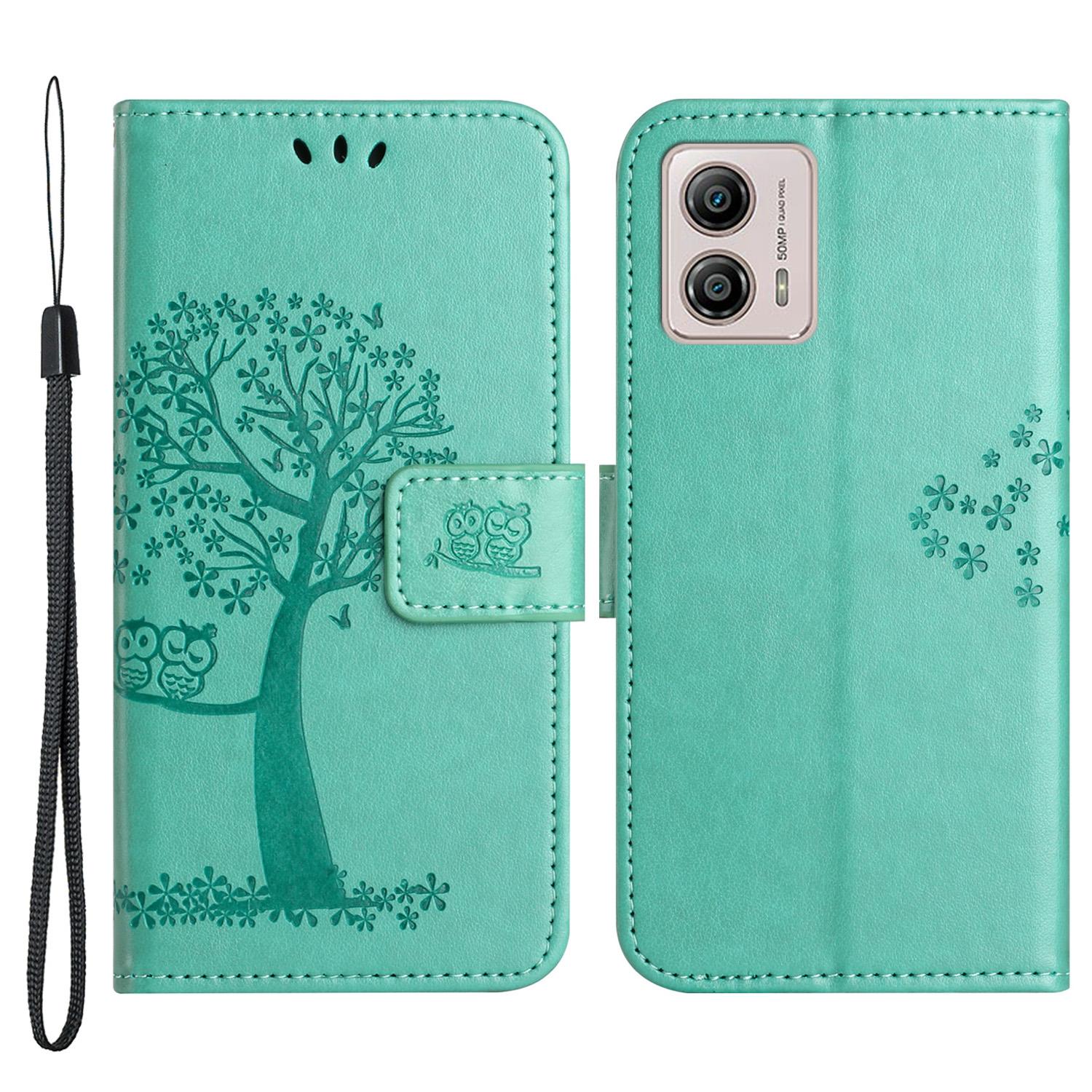 

For Motorola Moto G53 5G/G23 4G/G13 4G Phone Stand Case Owl Tree Imprinted PU Leather Wallet Phone Cover Cyan