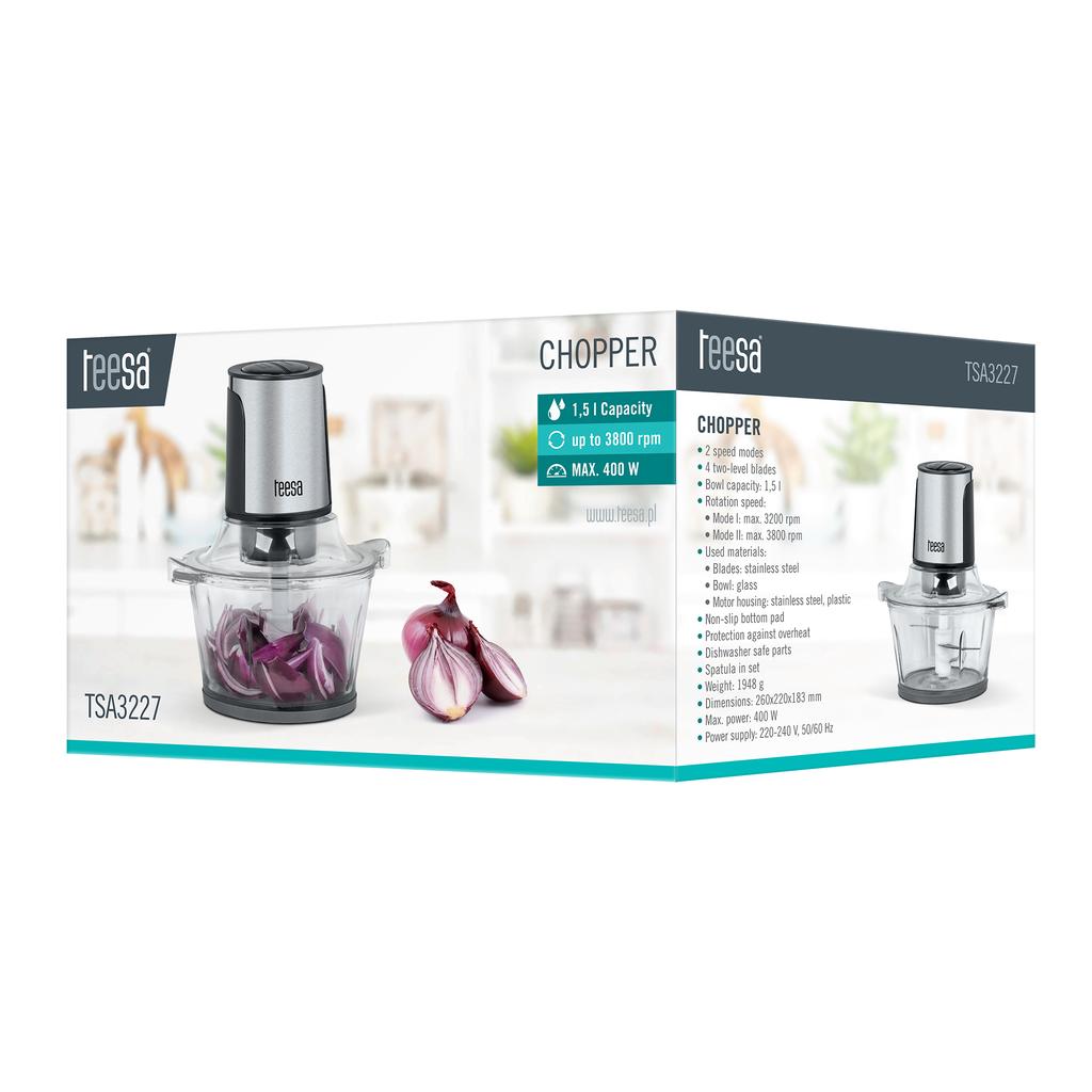 Fruit and vegetable chopper with glass bowl, 400W, powerful, Teesa