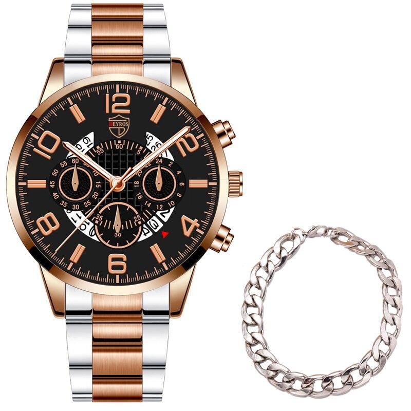 

2PCS Fashion Mens Bracelet Watches Set Luxury Men Sports Silver Stainless Steel Quartz Watch Man Business Casual Wrist Watch