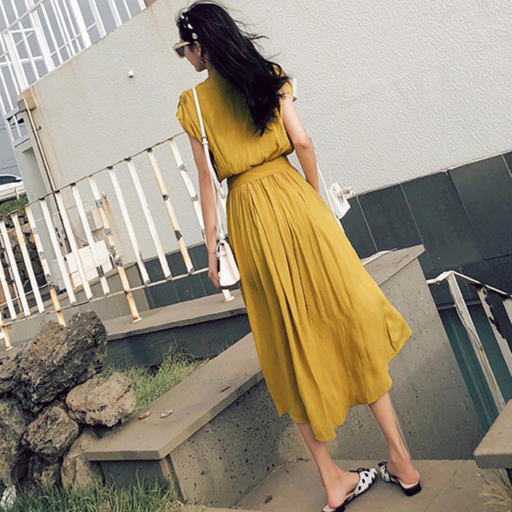 JINJUDUO Shirt Short Maxi Perfect for Women In Their and Cool and Summer Yellow Women's Dress, Sleeve, Length, 20s, 30s, 40s, Chiffon, Elegant,