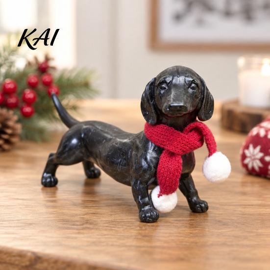 Small Animal Sculpture Dachshund Statue, Resin Standing Dog Figurine with Red Knitted Fireplace Mantel Decor Scarf, Cute Christmas Puppy for