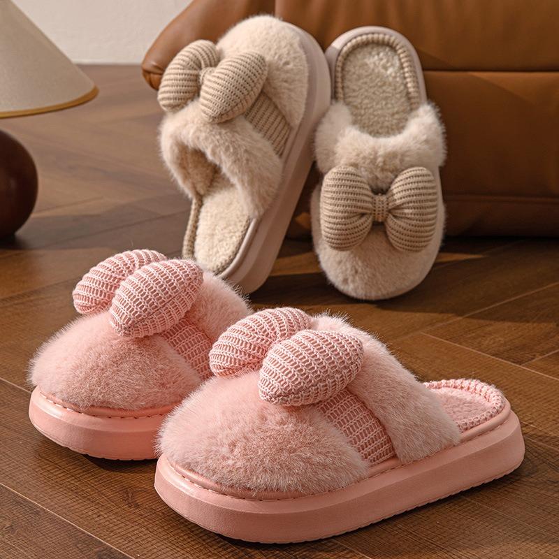 New autumn and winter household cotton slippers women's bow home indoor thickened fluffy warm non-slip cotton shoes