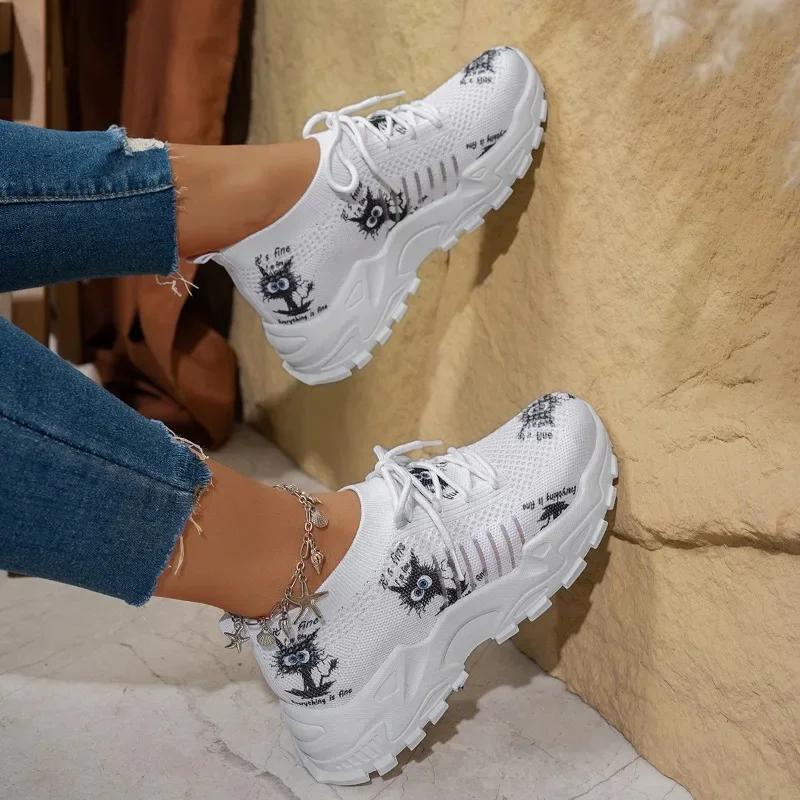 Women's Single Shoes Platform Jogging Outdoor Anti Slip Lace Up Summer Mesh Breathable Thick Soled Casual Vulcanized Shoes 2025