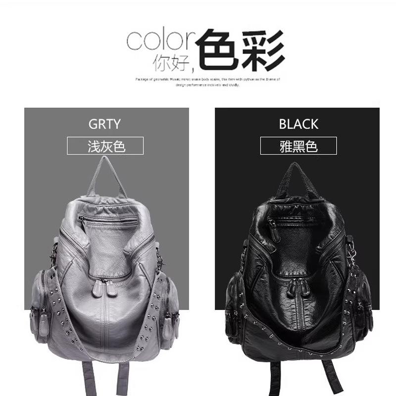 Large Capacity Solid Color Soft-Sided Backpack Fashionable Unisex Rivet Wash Leather Backpack Multi-Pocket Schoolbag