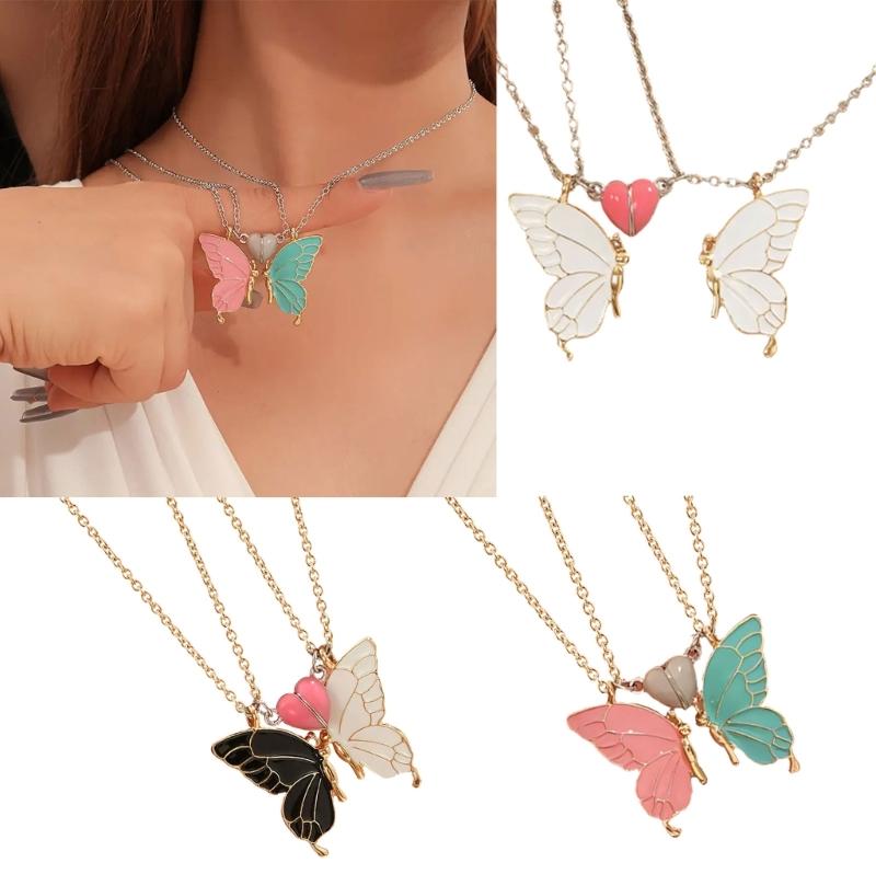 1 Pair Glowing In Dark Butterfly Pendant Necklaces With Magnetic Heart Clasp Detail For Best Friend Gift