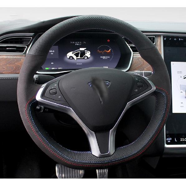 For Tesla modelS Model X Model 3 DIY Custom Leather Suede Steering Wheel Cover Car Wheel Cover Interior
