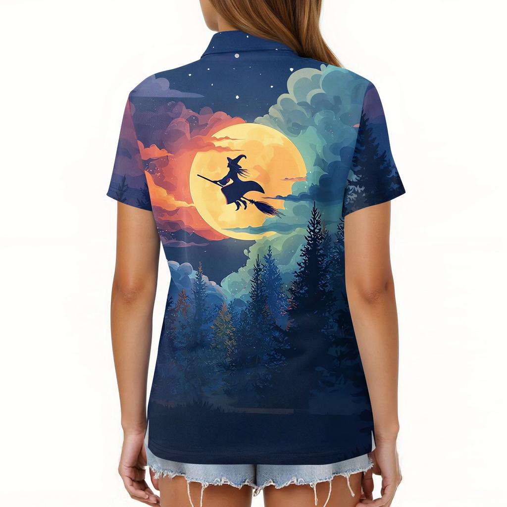 Dammode Casual Revers Kortärmad Halloween Tryck Skjorta Dam Knäppta Toppar