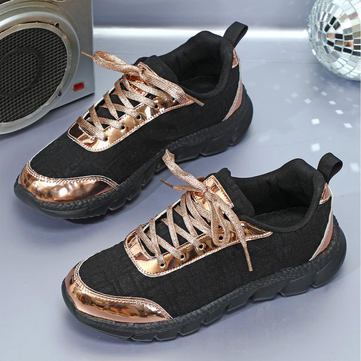 

Женская сетчатая обувь на плоской подошве, женская дышащая повседневная обувь на шнуровке, модная женская обувь, удобные женские кроссовки больших размеров 36 чёрный/золотой
