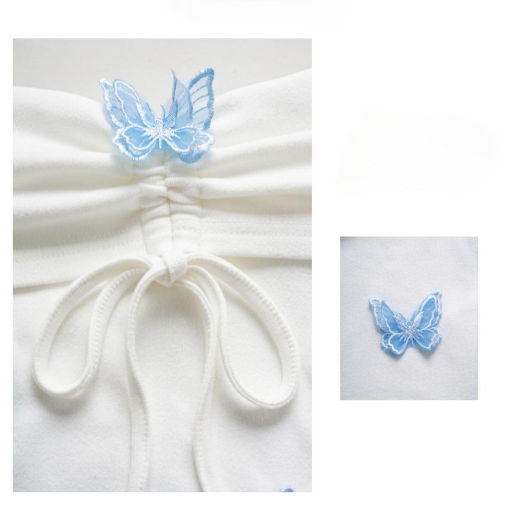 Summer Women's White Off-the-shoulder Flared Sleeve T-shirt, Cute Blue Butterfly Long-sleeved Women's Top