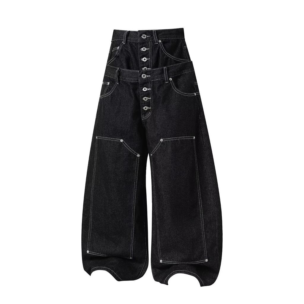 American retro double waist eight-ring buckle stud retro original cow Baggy loose straight street logging jeans