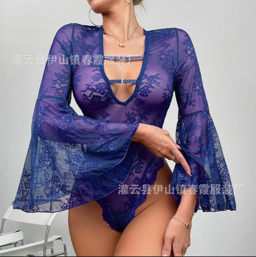 New purple sexy pajamas perspective deep V sex underwear lace horn sleeve onesie
