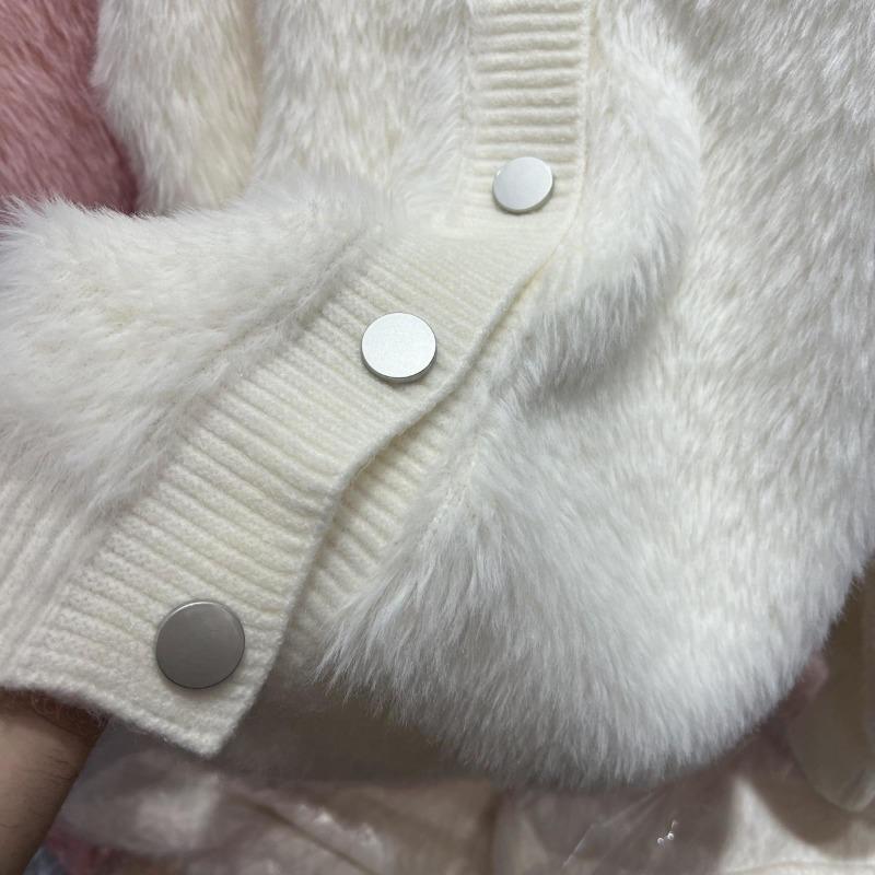 2025 Women Fur Faux Knitted Cardigan Sweater Jacket Korean Style Womens Sweaters Autumn Female Clothes Vinatge Knitwear V Neck Outfits