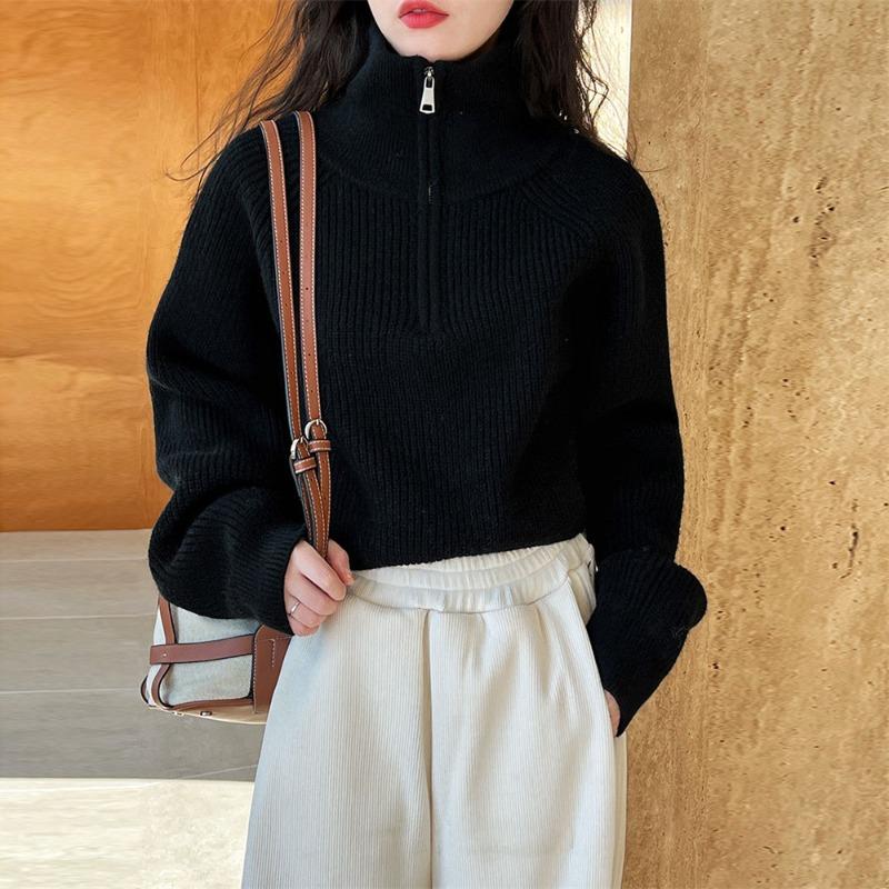 Half-zipper sweater women's loose outer wear autumn and winter new pullover short high-waisted design bottoming knitted sweater top