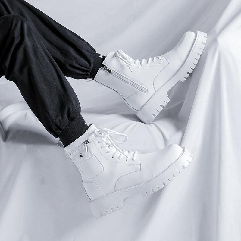 Fashion New Lace-Up Men Casual Motorcycle Boots Leather Men Fashion High Top Walking Shoes All-match Non-Slip Outdoor  Boots