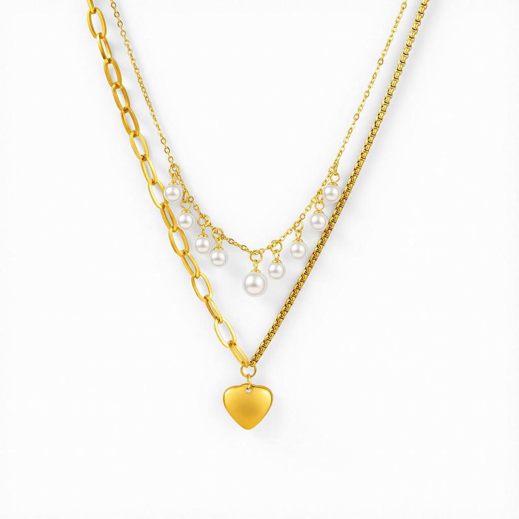 18K Stainless Steel Heart Pendant Pearl Double-Layer Chain Necklace - Colorfast Jewelry