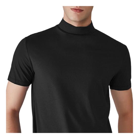 Heren Halve Hoge Kraag Slim Fit T-shirt Zomer Casual Korte Mouw Effen Kleur Elastisch Dun Pullover T-shirt