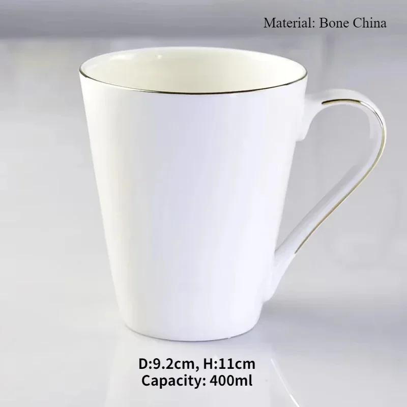 Pure White Brief Ceramic Mug, Bone China, Household Office Coffee Milk Cup with Gold Rim Mark, Drinkware Gift, Porcelain