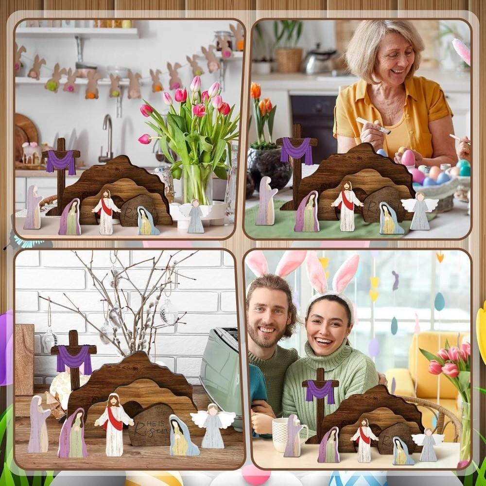 9 Pcs Rustic Style Easter Wooden Nativity Handmade Craft Lifelike Christian Decor Realistic Decorative Jesus Tomb Decor