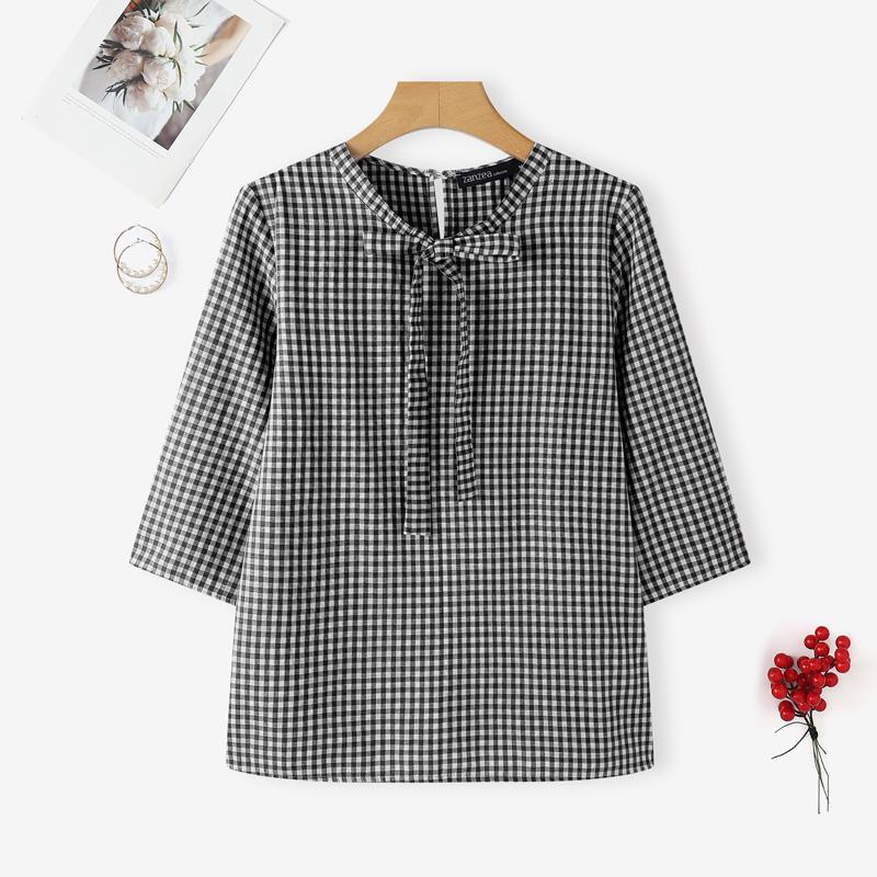 ZANZEA Women Plaid Print Casual Round Neck 3/4 Sleeve Blouse