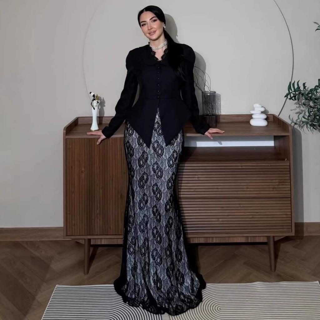 Cross-border European and American women's clothing Amazon casual button V-neck top celebrity fashion lace skirt