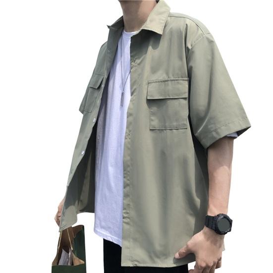 

Весенняя мужская рубашка-карго с отложным воротником, однобортная свободная короткая однотонная рубашка с воротником и рукавами, уличная рабочая одежда, офисный топ L зелёный